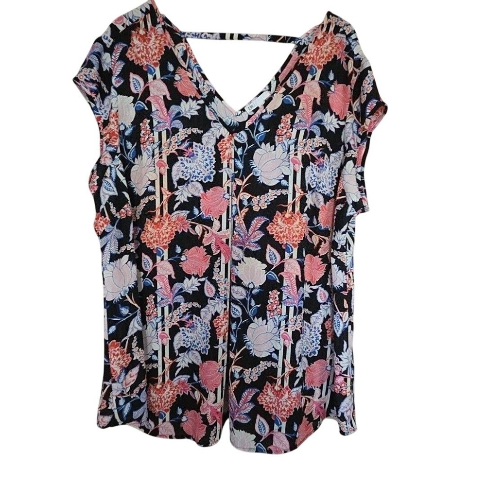 DR2 Blouse Womens Plus 3X Black V Neck Short Sleeve Floral Print Tunic Top